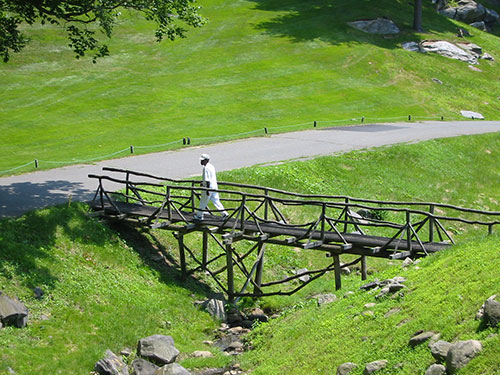 Our caddy, Clarence, crossing the bridge on 3.